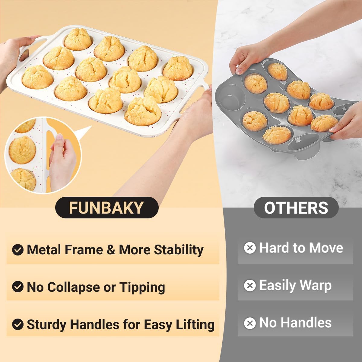 Silikon-Muffinformen zum Backen, metallverstärkter Rahmen, 12 Tassen, normale Größe, Silikon, antihaftbeschichtet, Muffinform zum Backen von Muffins, Cupcakes, Frittatas, BPA-frei, Silikonformen