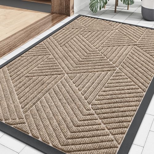 Image of Smiry Front Door Mat Outside Entrance, Heavy Duty Sturdy Natural Rubber Doormat, Trap Dirt and Moisture, Easy Clean Low Profile Mats for Indoor Outdoor Entry, Irregular Triangle (29.5x17, Mixed Camel)