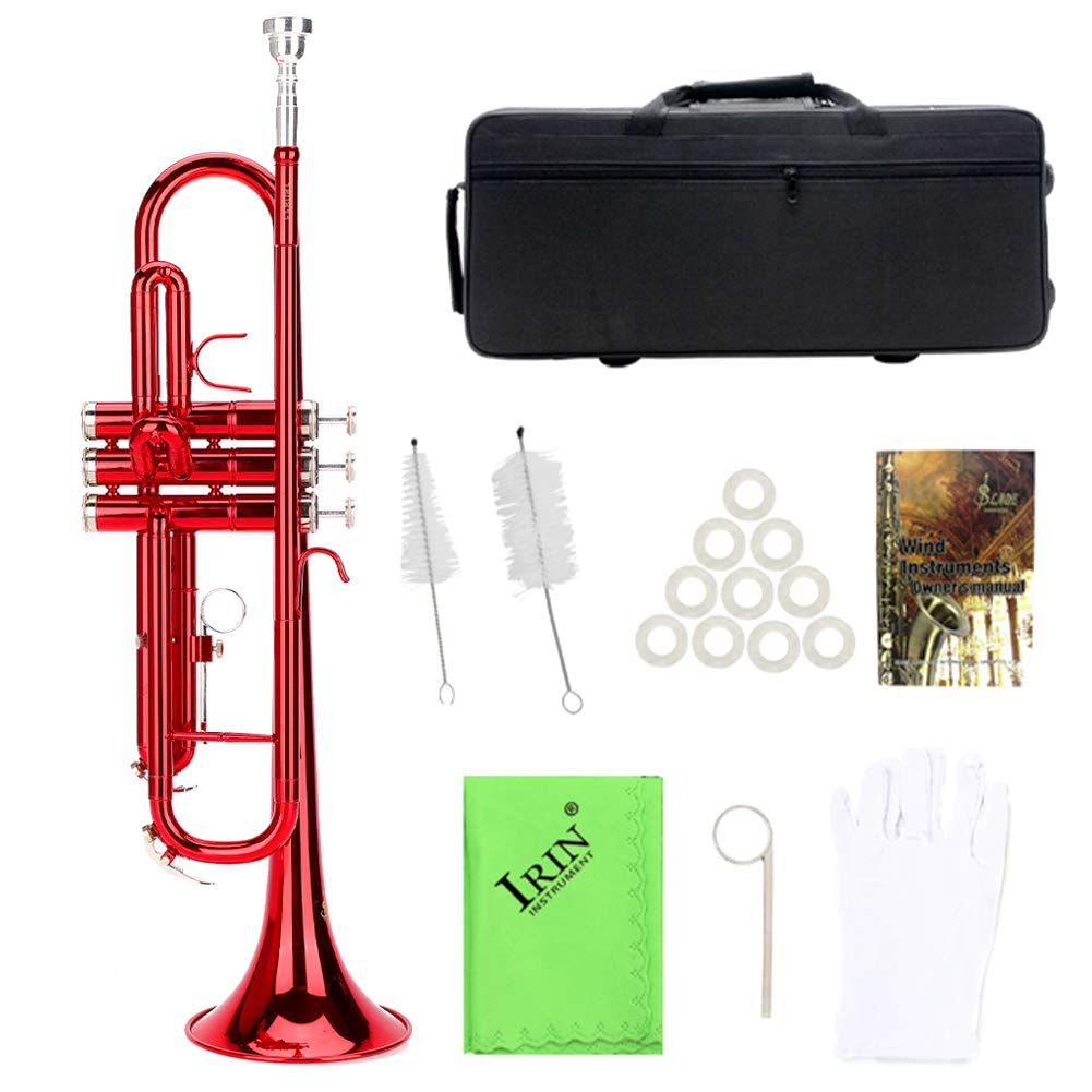 Juego de Trompeta Estándar, Trompeta de Latón con Juego de Herramientas Auxiliares, Instrumento de Viento Musical para Principiantes y Profesionales (Rojo)