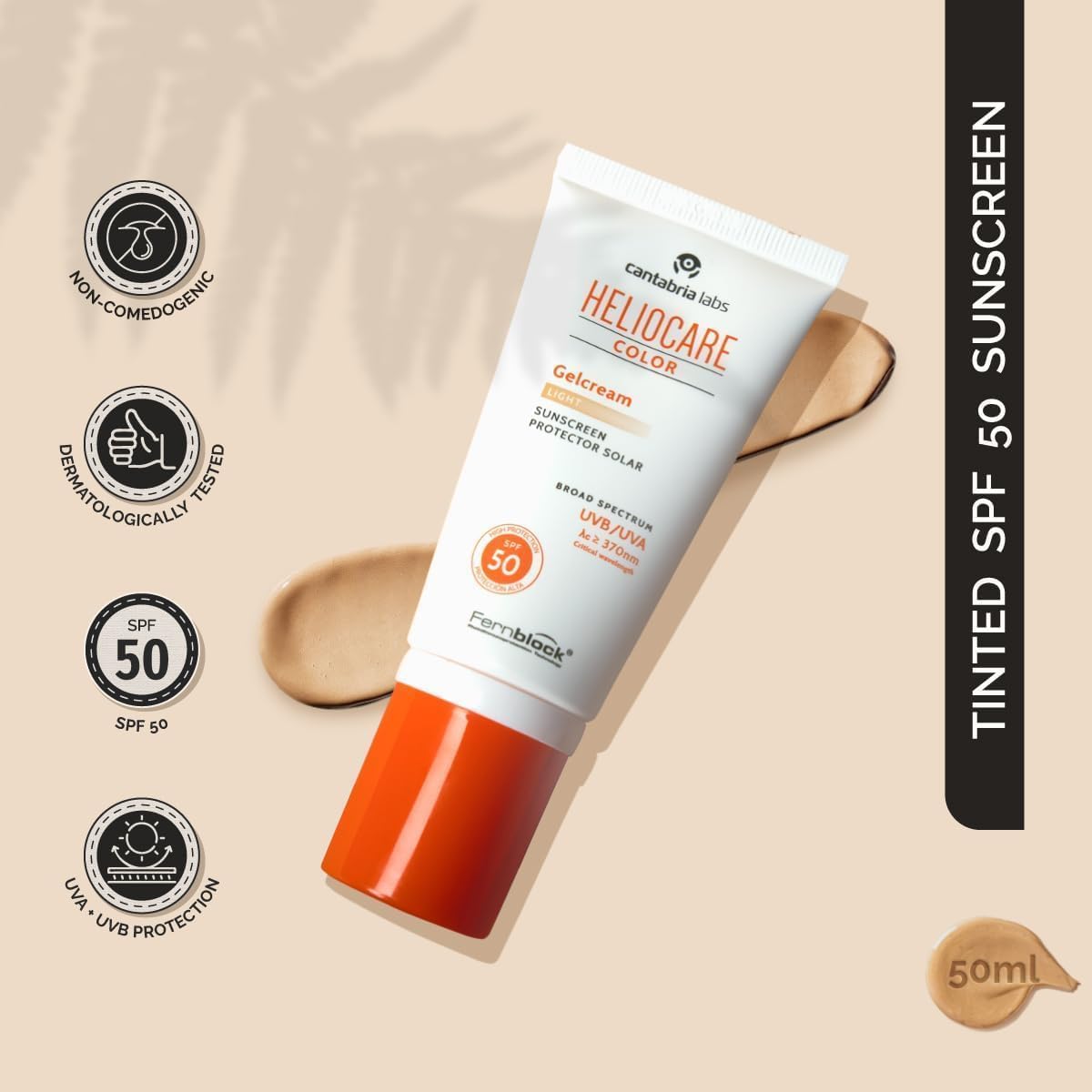 H.elio-care Color Gel Cream SPF 50 Tinted Sunscreen, Light Shade, 50 ml