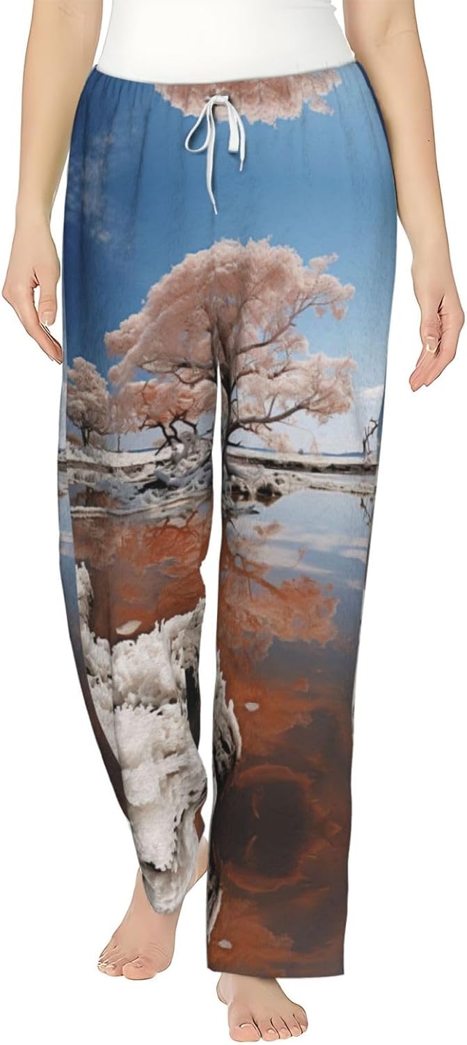 Sky Through The Tree Print Cozy Flannel Pajama Pants For Women,Warm Christmas Pj Pants,Cute Fleece Pajamas