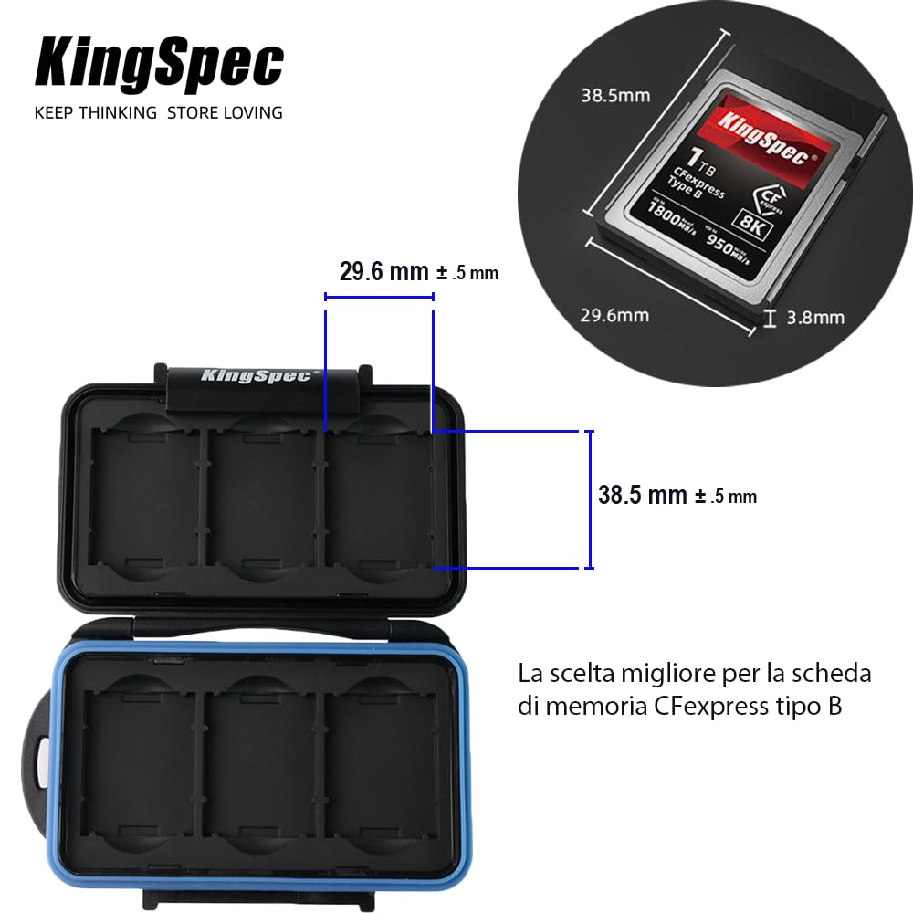 KingSpec Custodia per schede di memoria: impermeabile, resistente alle intemperie, chiusura a pressione, occhiello modellato con moschettone, antiurto, adatto a 6 schede XQD o CF Express di tipo B