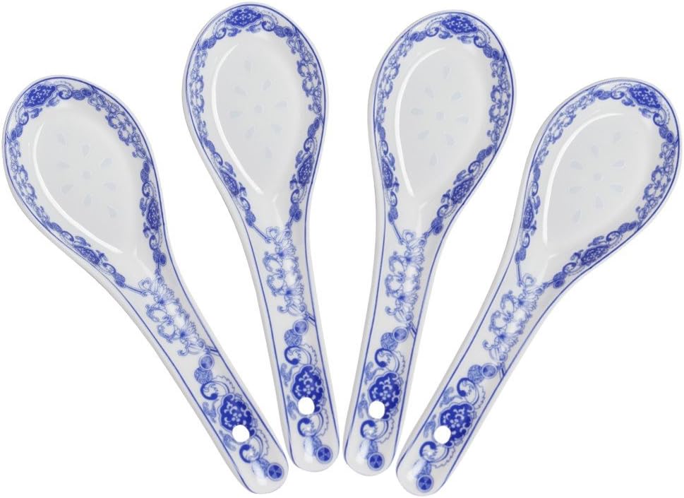Porlien 5-inch Porcelain Chinese Knot Blue Floral Soup Spoons Set of 4