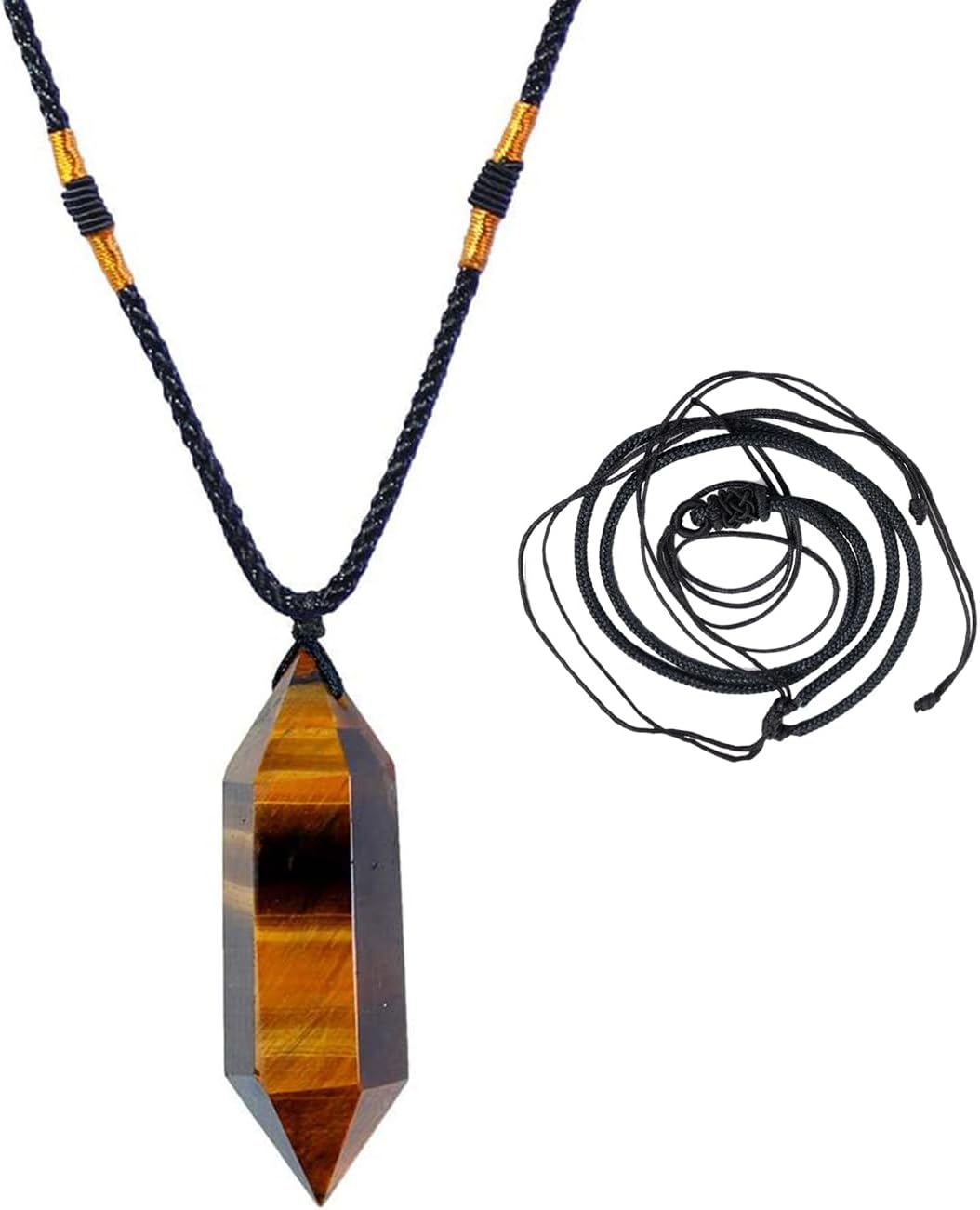 Runyangshi Tiger's Eye Healing Crystal Pendants, Double Pointed Natural Crystal Quartz Necklace 6 Faceted Chakra Crystal Wand Stone