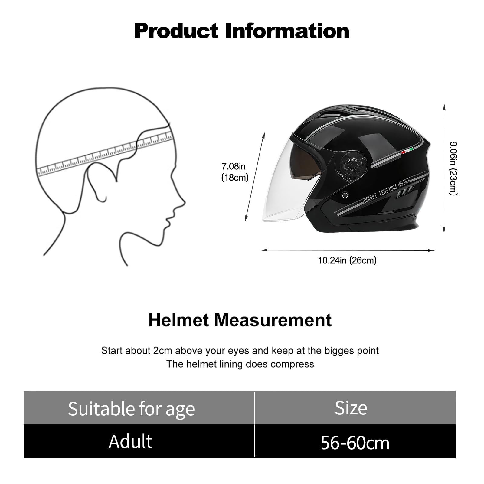 Otwarty kask motocyklowy, kask skuter elektryczny z przyłbicą, kask motocyklowy dla kobiet mężczyzn dorosłych (czarny)