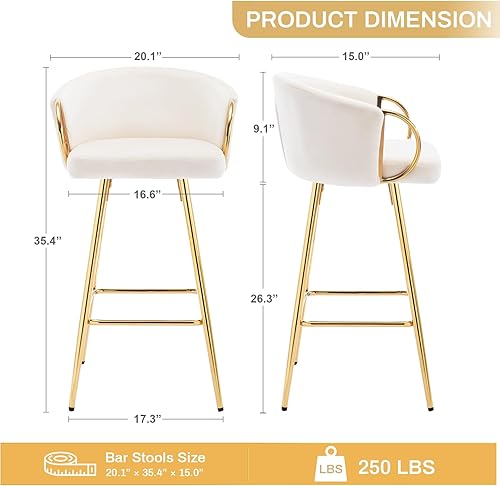 Miniatura 3 de Juego de 2 taburetes de bar de 26 pulgadas, taburetes de bar de altura de mostrador con respaldo tapizado de terciopelo con patas doradas, taburete