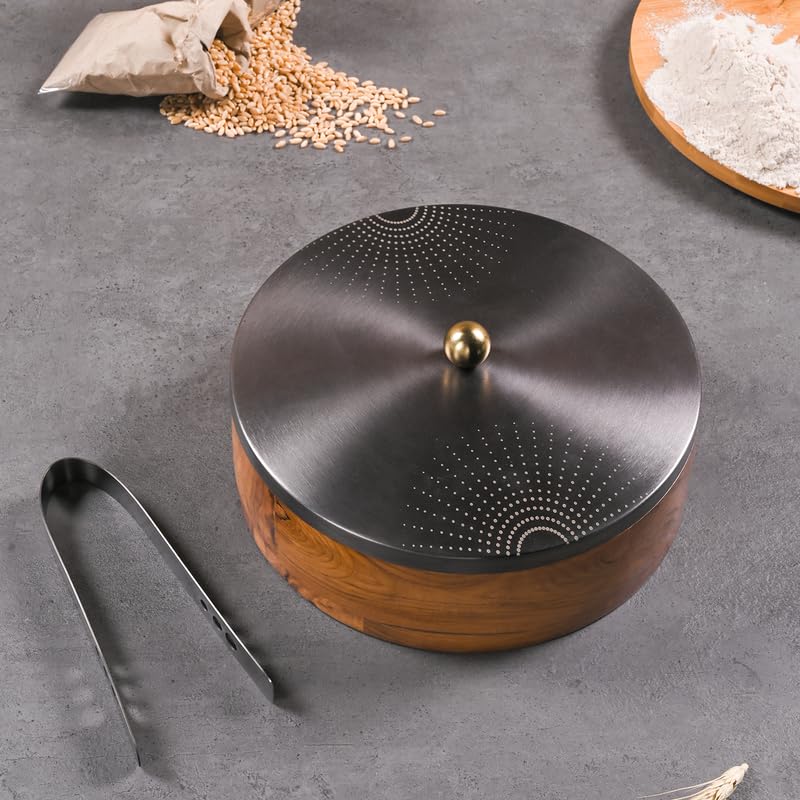 Image of Wooden Chapati Box for Kitchen - Casserole for Roti with Stainless Steel Brass Lid | Wooden Chapati Box with 1 Tong | Traditional Kitchen Organizer - GunMetal (SunRays Laser Etching)