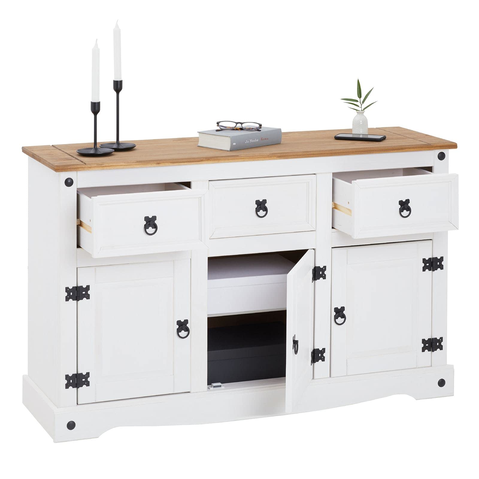CARO-Möbel Sideboard Campo im Mexiko Stil Kommode Kiefer massiv weiß mit 3 Schubladen und 3 Türen Buffetschrank Geschirrschrank