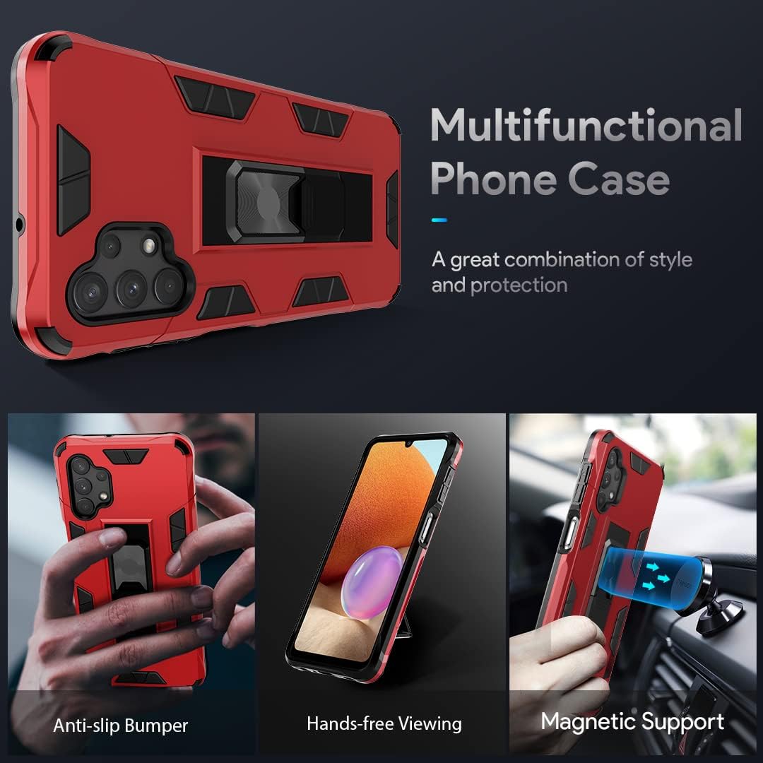 HATOSHI Samsung Galaxy A32 5G Case with 2 Pack Tempered Glass Screen Protector, [Military-Grade Shockproof] Full-Body Protective Slim Hard Phone Cover with Kickstand [2 Stand Ways Kickstand], Red