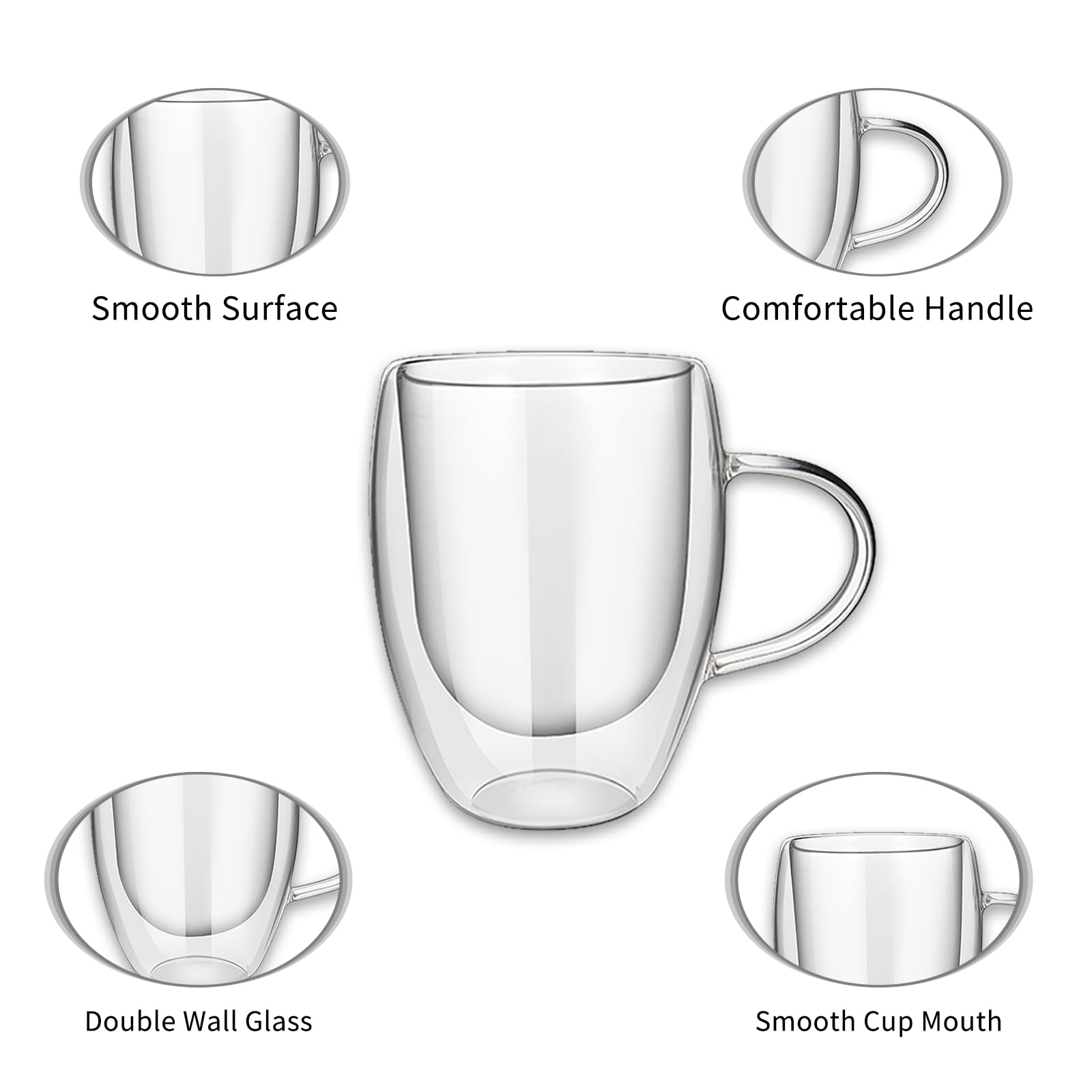 Doppelwandige Glas-Kaffeetassen, 350 ml, isolierte Latte-Gläser, 6 Stück, hohle isolierte Glas-Kaffeetassen mit Griff, für Latte, Cappuccino, hitzebeständig