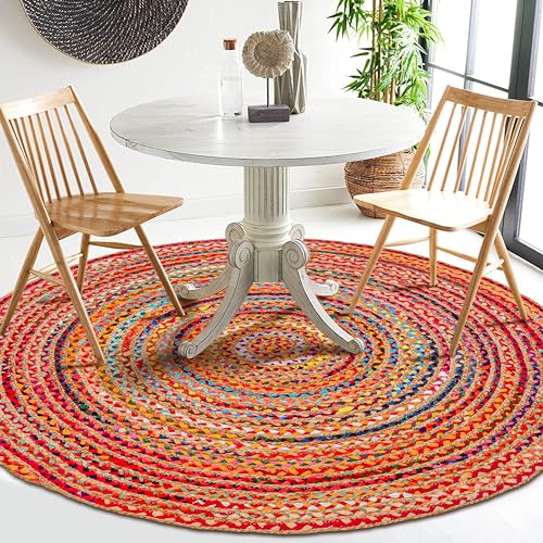 Hausattire Bohemian Braided Rug 5' Round - Multi Color, Rustic Hand Woven Rag Rugs for Kitchen, Kids Bedroom, Living Room | Colorful Farmhouse Pet Friendly Reversible Decorative Carpet