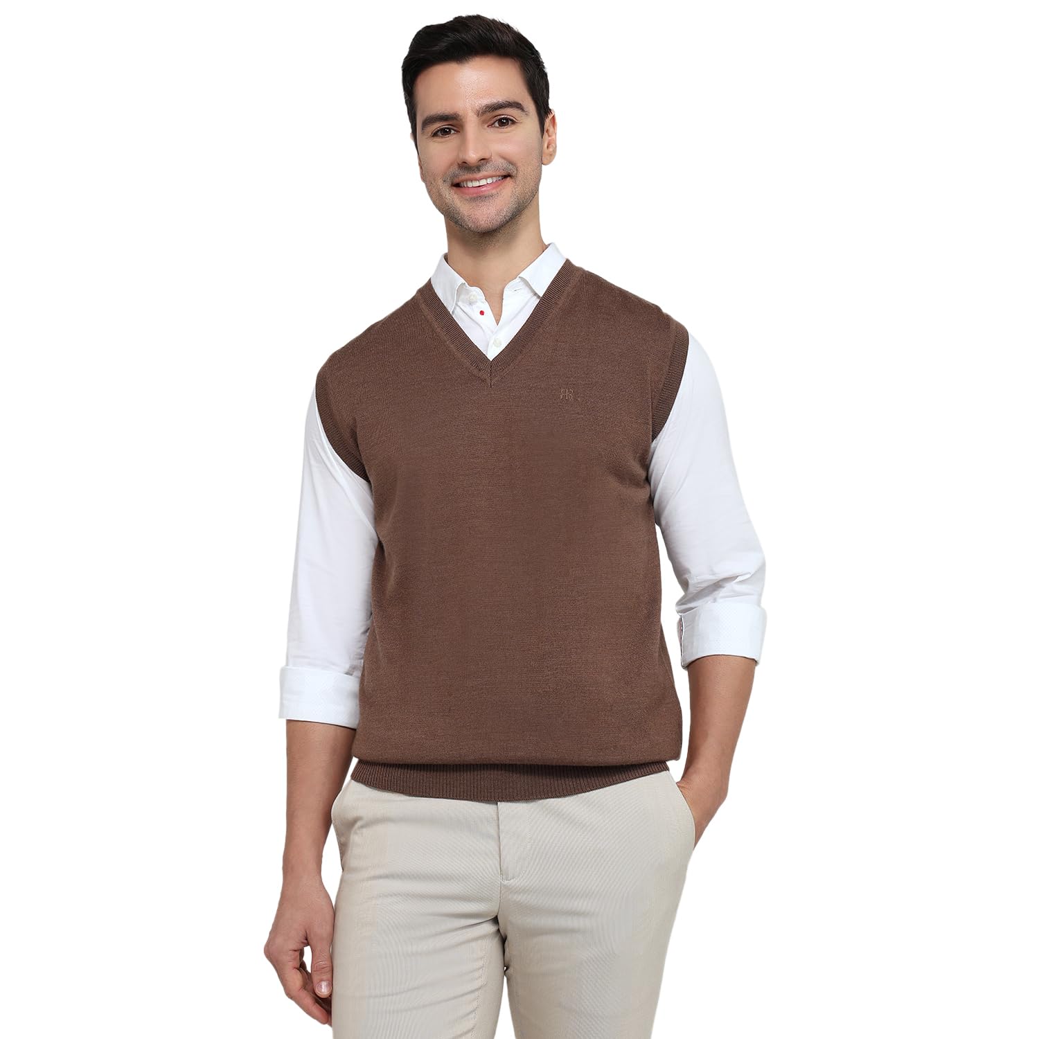 Men Regular Fit Solid Pattern Merino Wool Acrylic Blend V Neck Sleeveless Casual Sweater