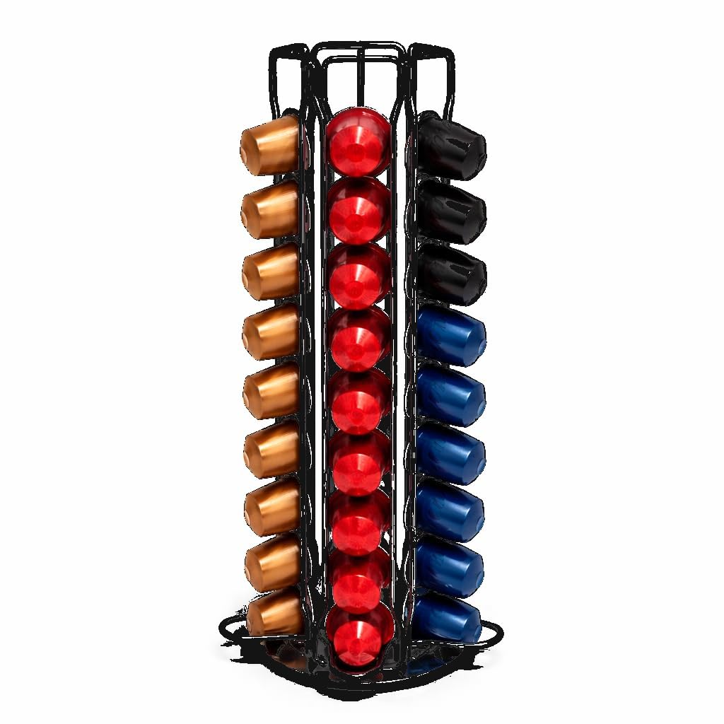 PWRco Coffee Capsules Holder for Nespresso Rotating Tower, 360° Spin Heavy Coffee Pod Rack Organiser Alloy Steel Modern Polished Finish Solid Base Countertop Storage (Black, 60s Coffee Pod Stand)