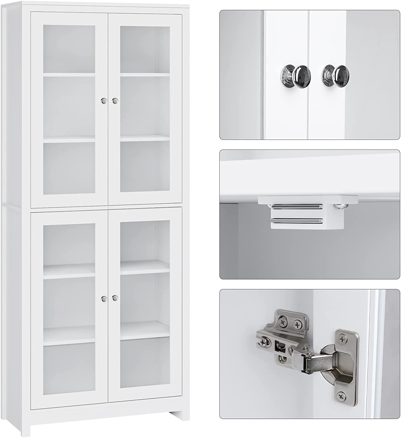 FOREHILL 190cm Vitrina de Cristal, Vitrina Salón, Mueble de Salón, Aparador Comedor, Aparador Cocina, Estantería Oficina, con 6 Estantes 4 Puertas, Madera y Cristal, Blanco, 80x33x190cm
