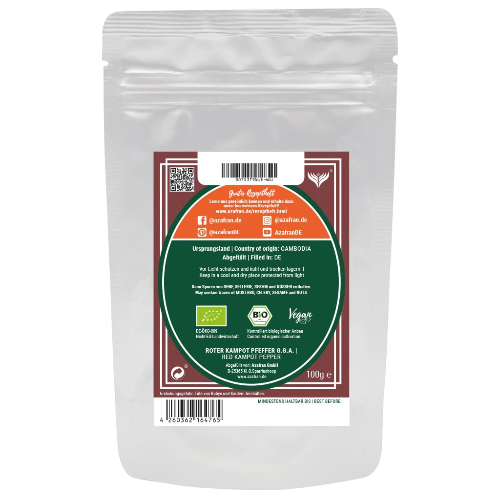 Azafran BIO Roter Kampot Pfeffer (Pfefferkörner ganz) Gourmetpfeffer 400g