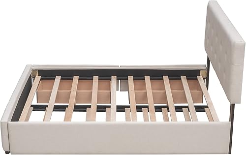 Miniatura 5 de SIYSNKSI Moderna cama de plataforma de tamaño Queen con 2 cajones y 1 nido individual XL marco de cama tapizado con listones de madera y cabecero