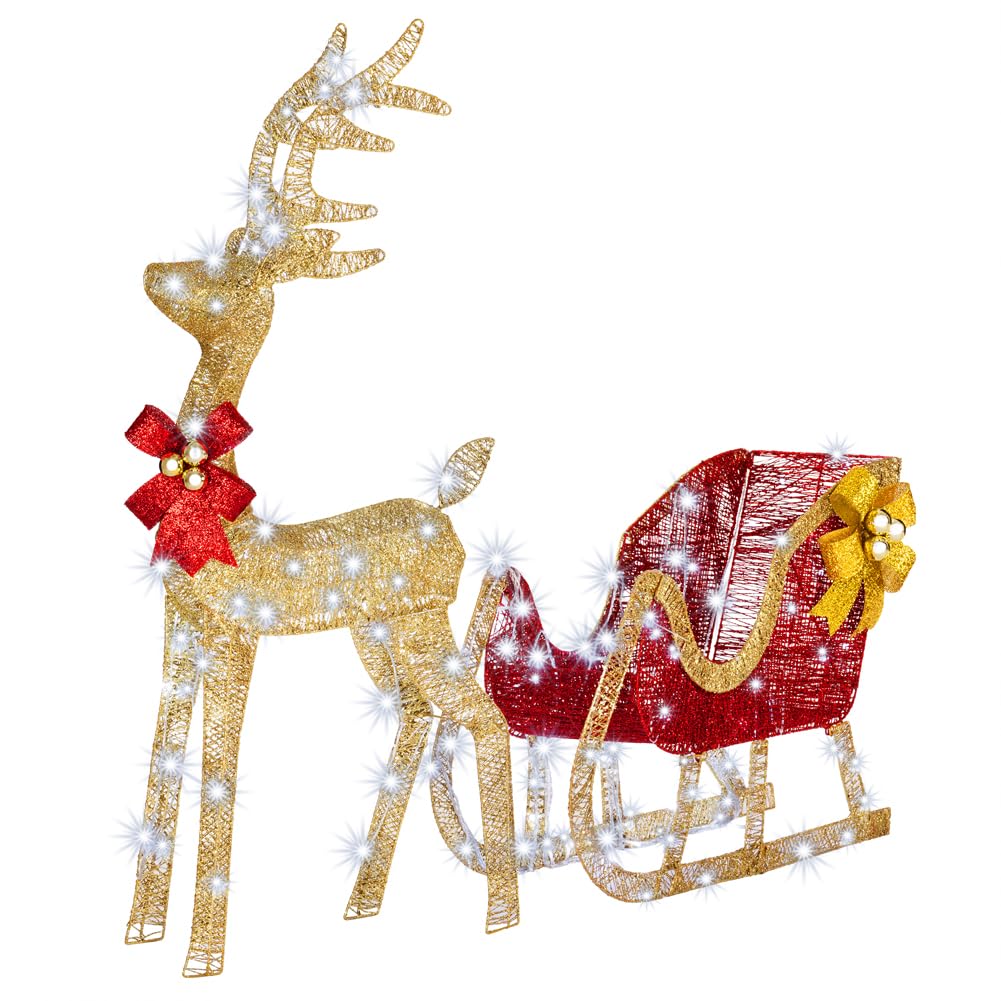 BAKAJI Renna Natalizia Luminosa XXL con Slitta per Esterno con 8 Funzioni di Luce, Decorazione Natalizia 120 cm Altezza, Decorazioni Addobbi LED di Natale per Giardino (Bianco Freddo)