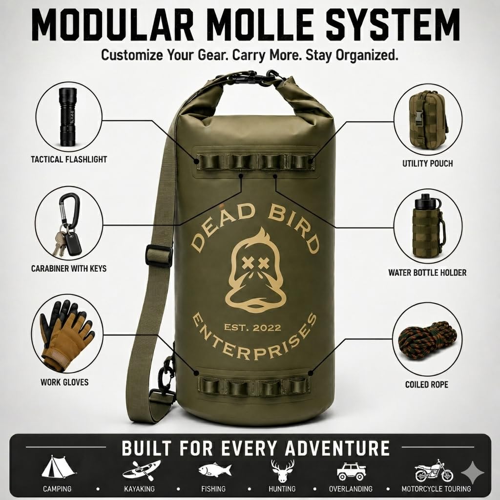 Dead Bird Enterprises Wasserdichter 20-Liter-Trockensack, militärgrüne Muscheltasche mit Roll-Top-Verschluss für Entenjagd, Kajakfahren, Camping, Strand, Bootfahren und Angeln, 500D PVC-Plane