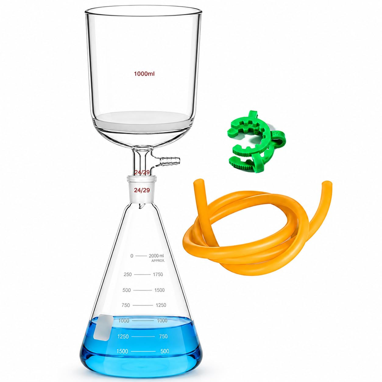 G3 Buchner Trichter Filter Kit Labor Vakuumfiltration Destillationsgerät mit Sandkern Filtrationstrichter und Erlenmeyer Flasche und Gummirohr (2000ml)