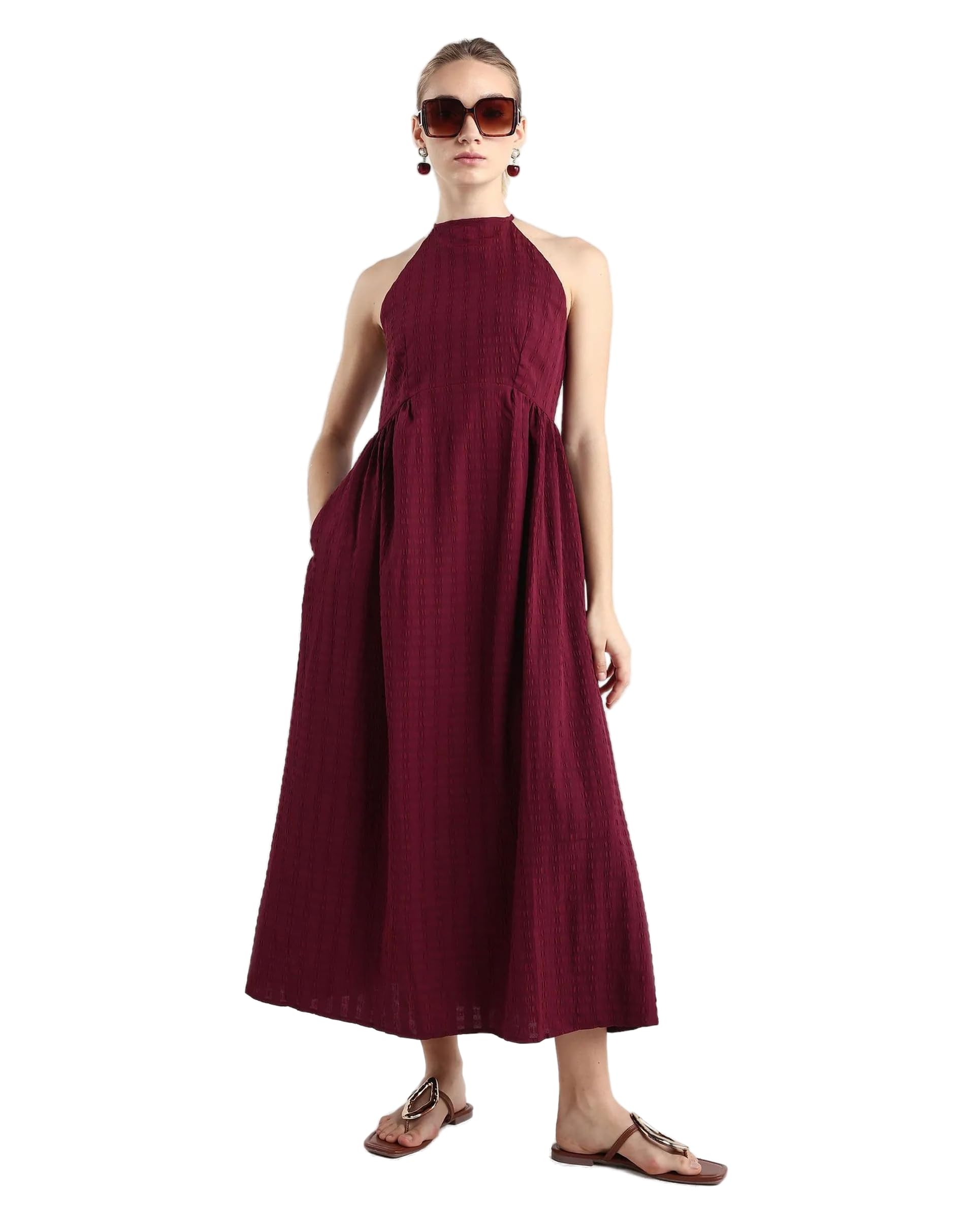 Fit and Flare Self Design Polyester Halter Neck Sleeveless Dress-image-2