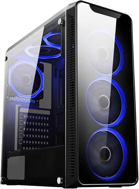 CiT Blaze PC Gaming Case, Mid-Tower ATX, 6 Halo Single-Ring Blue LED Fans, Tempered Glass, Water-Cooling Ready, For Enhanced Gaming | Black