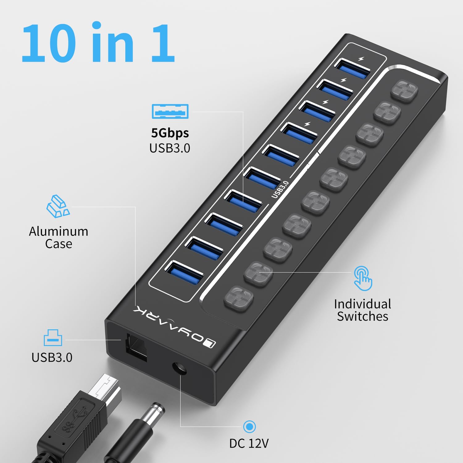 Hub USB 3.0, divisor de concentrador USB de 10 puertos con interruptores individuales y luces indicadoras, 10 puertos USB 3.0 de transferencia de datos, 4 de los cuales se pueden utilizar para carga