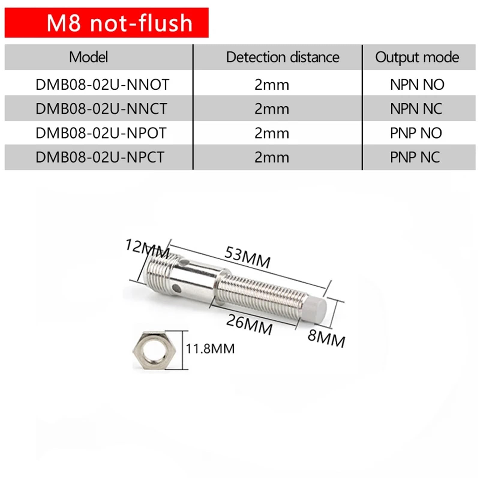 1 sensor de proximidad enchufable M8 con interruptor de inducción de metal de 8 mm de diámetro.(DMB08-02U-N,PNP NO T)