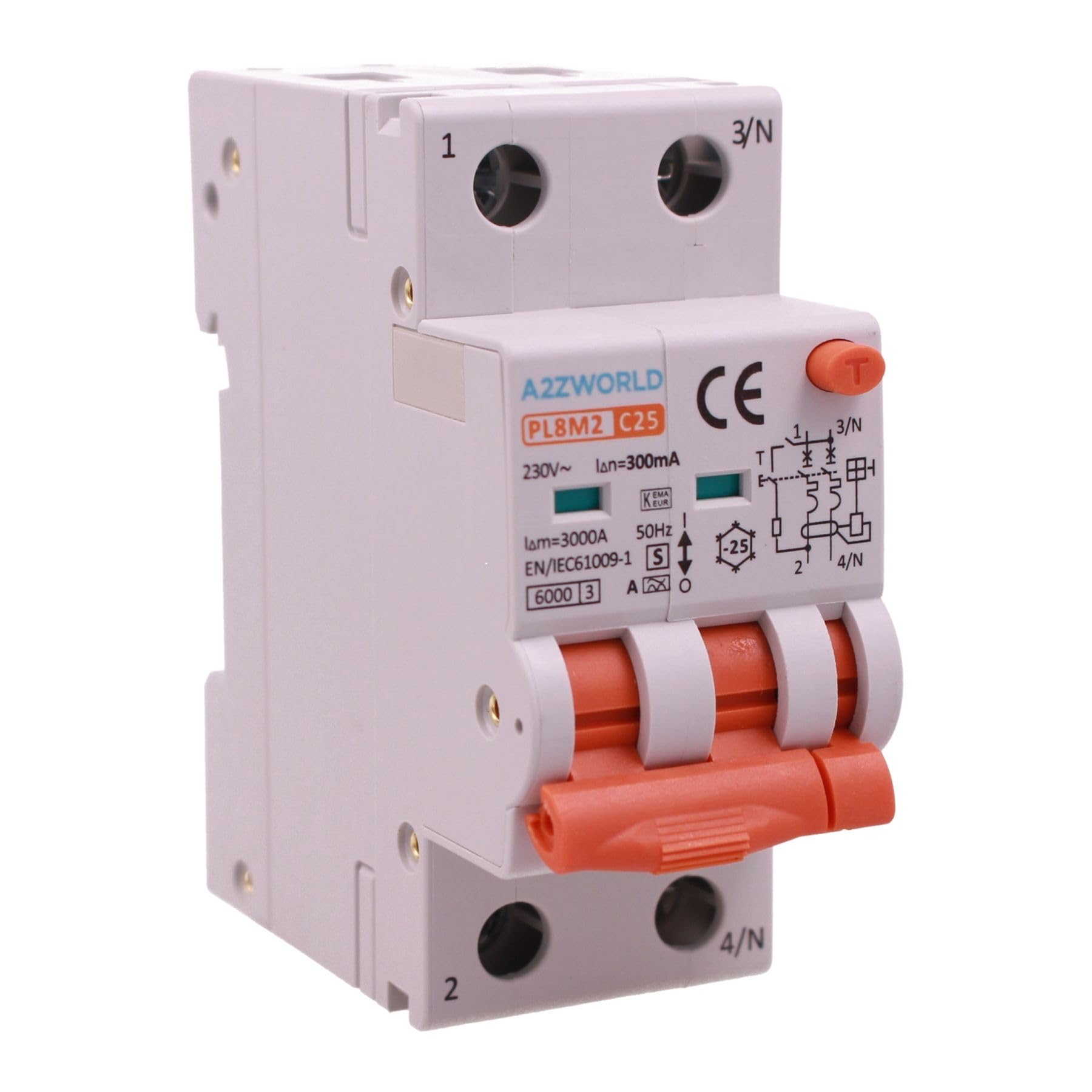 RCBO Selectivo Tipo A (S) 300 mA 25 A C25, 2 módulos verdaderos 6 kA 230 V Clase A Curva C, interruptor magnetotérmico diferencial con doble palanca y diagnóstico visual, modelo PL8M2