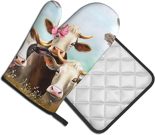 Miniatura 2 de Divertidos guantes de horno de vaca y soportes para ollas, guantes de cocina antideslizantes resistentes al calor, almohadillas calientes con capa