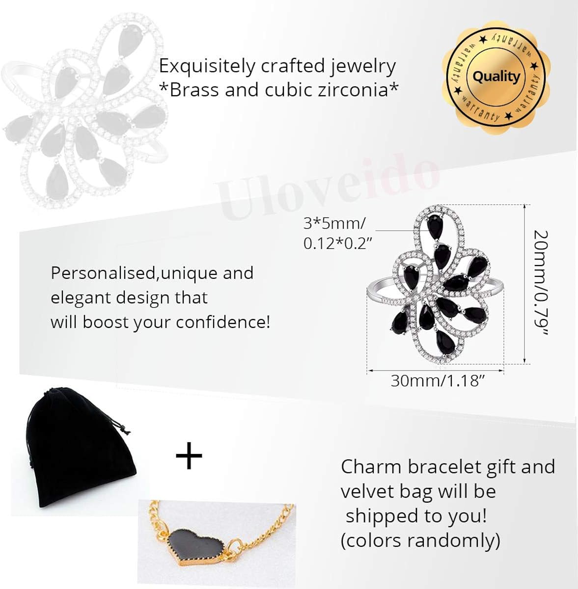 Uloveido Dainty White Black Flower Ring Pear Cut Cubic Zirconia Female Wedding Jewelry (Size 6 7 8 9) PJ101 : Clothing, Shoes & Jewelry