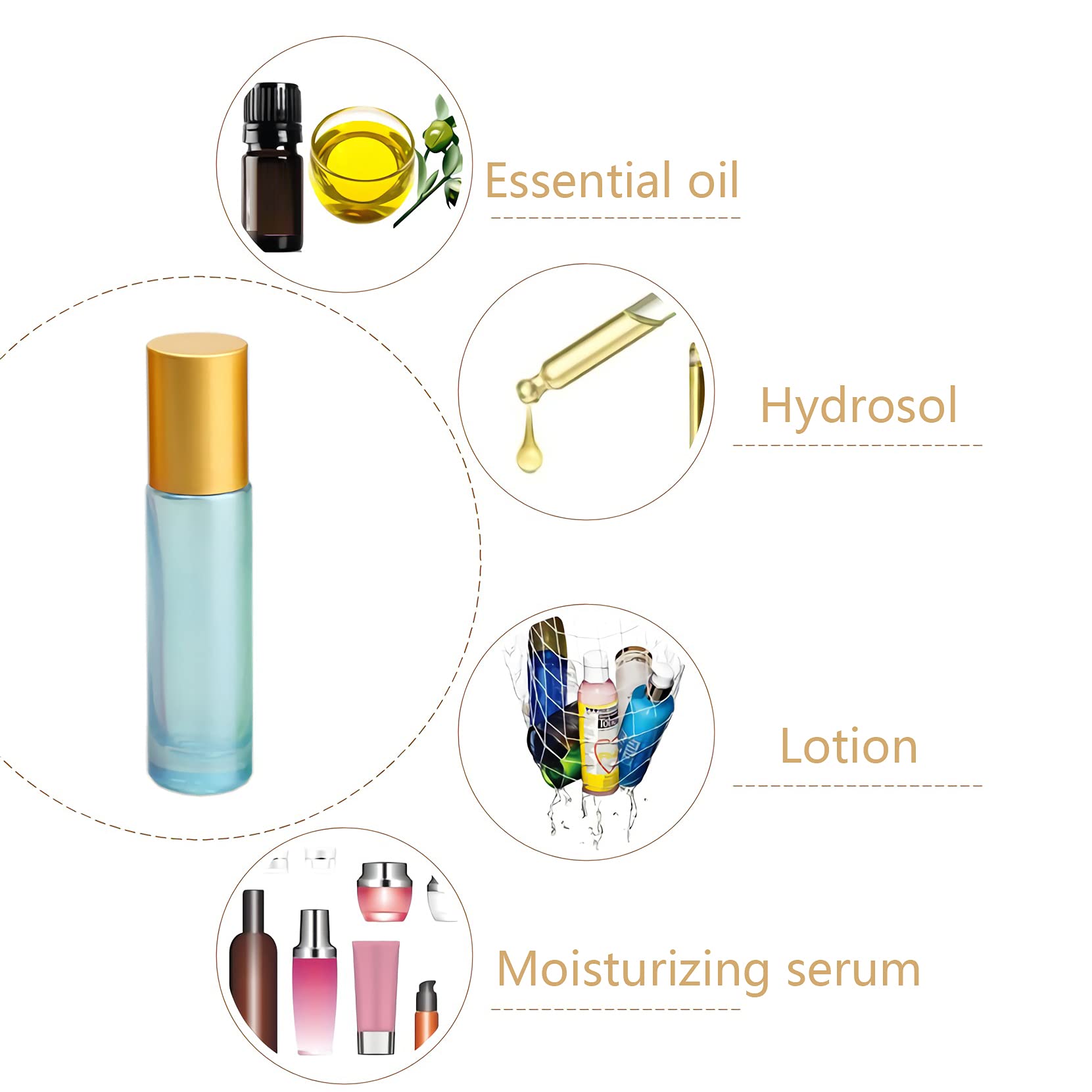 Lot de 4, Flacons à Bille pour Huiles Essentielles 10ml – Bouteilles Roll-on en Verre Bleu avec Couvercle Or avec Rouleau en Acier Inoxydable (1 décapsuleur et 1 entonnoir)