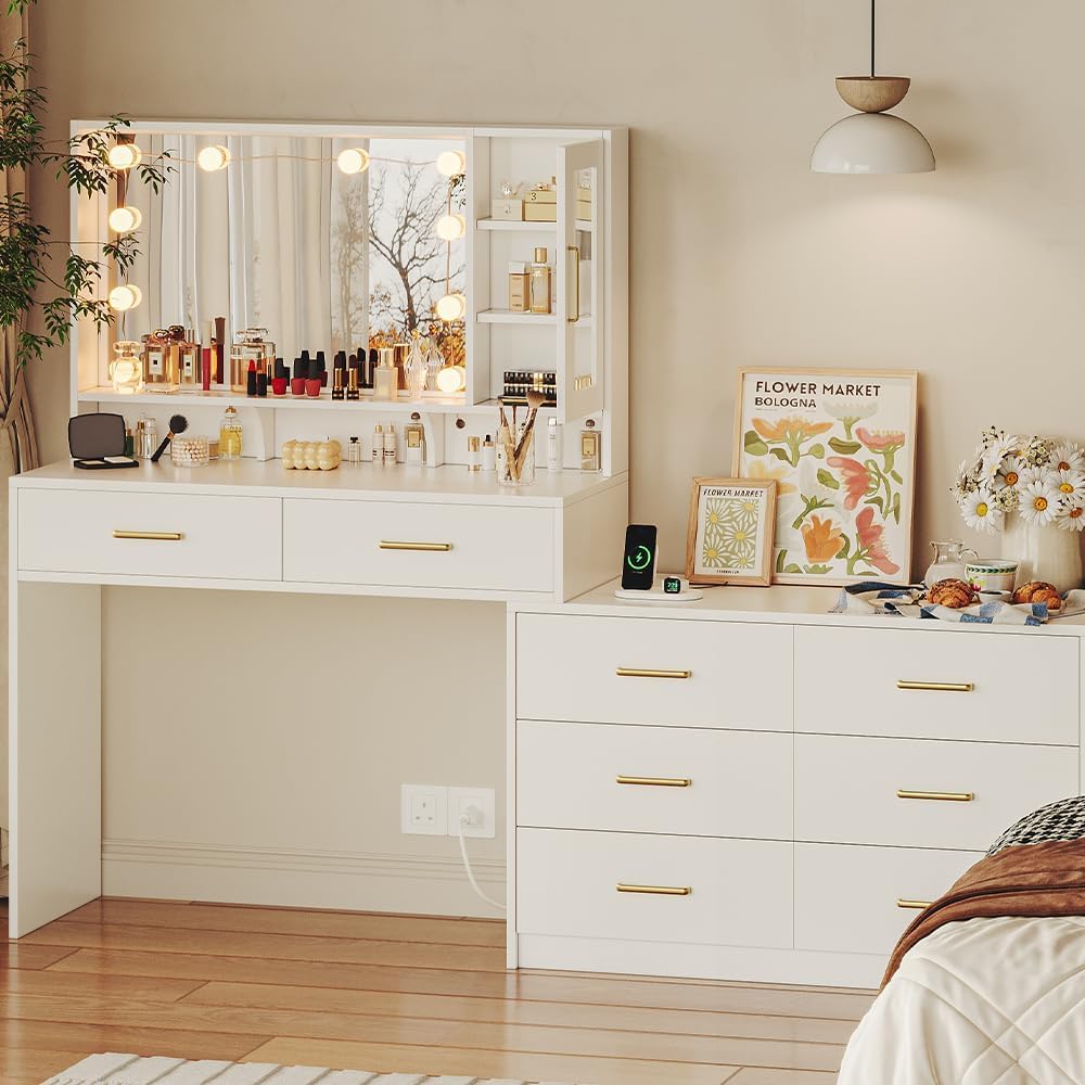 59" Makeup Desk with Drawers & Cabinet & Dresser, White Vanity Table with Drawer Dresser, Large Vanity Table with 8 Drawers, Vanity Desk with Large Mirror and 3-Color Lights for Girls, Dressing Table