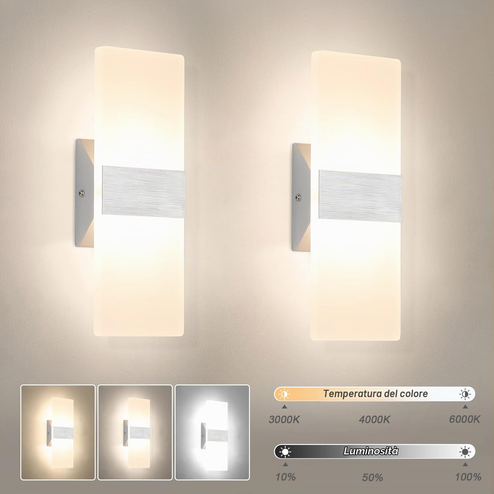 Klighten 2PCS Lampada da parete per interni a LED dimmerabile con telecomando 12W Applique da Parete Up down in argento spazzolato 3000K-6000K Bianco caldo/Bianco freddo