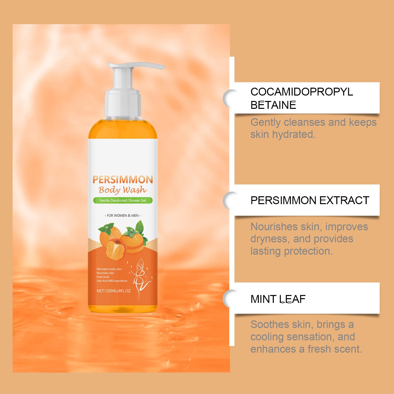 Zestaw mydła i żelu pod prysznic Persimmon – naturalny dezodorant w kostce neutralizujący zapach ciała, odświeżający żel do mycia ciała dla mężczyzn i kobiet, do codziennego użytku (4 szt)