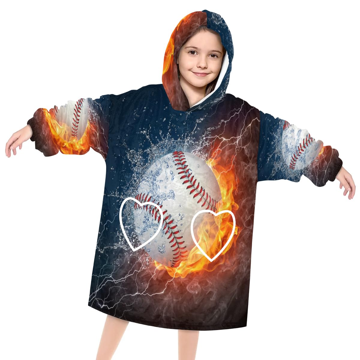 Wearable Blanket Hoodie for Kids, Baseball Ball In Fire And Water Fleece Sweatshirt Blanket Oversized Blanket Sweatshirt with Pocket Flannel Warm Hooded Blanket 6-10 Year Old Girl Boy Gift, One Size