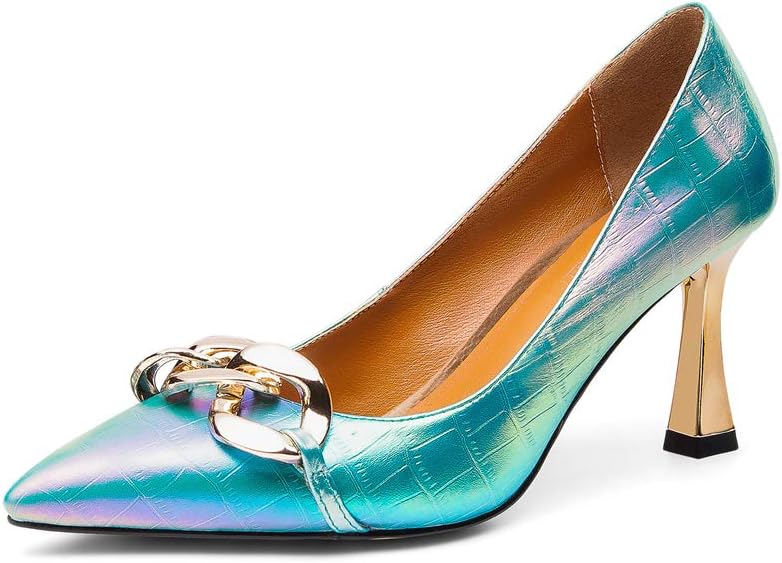 TinaCus Women's Genuine Leather Handmade Pointed Toe Sexy Mental High Kitten Heel Slip On Loafer Pumps with Mental Pattern Decor