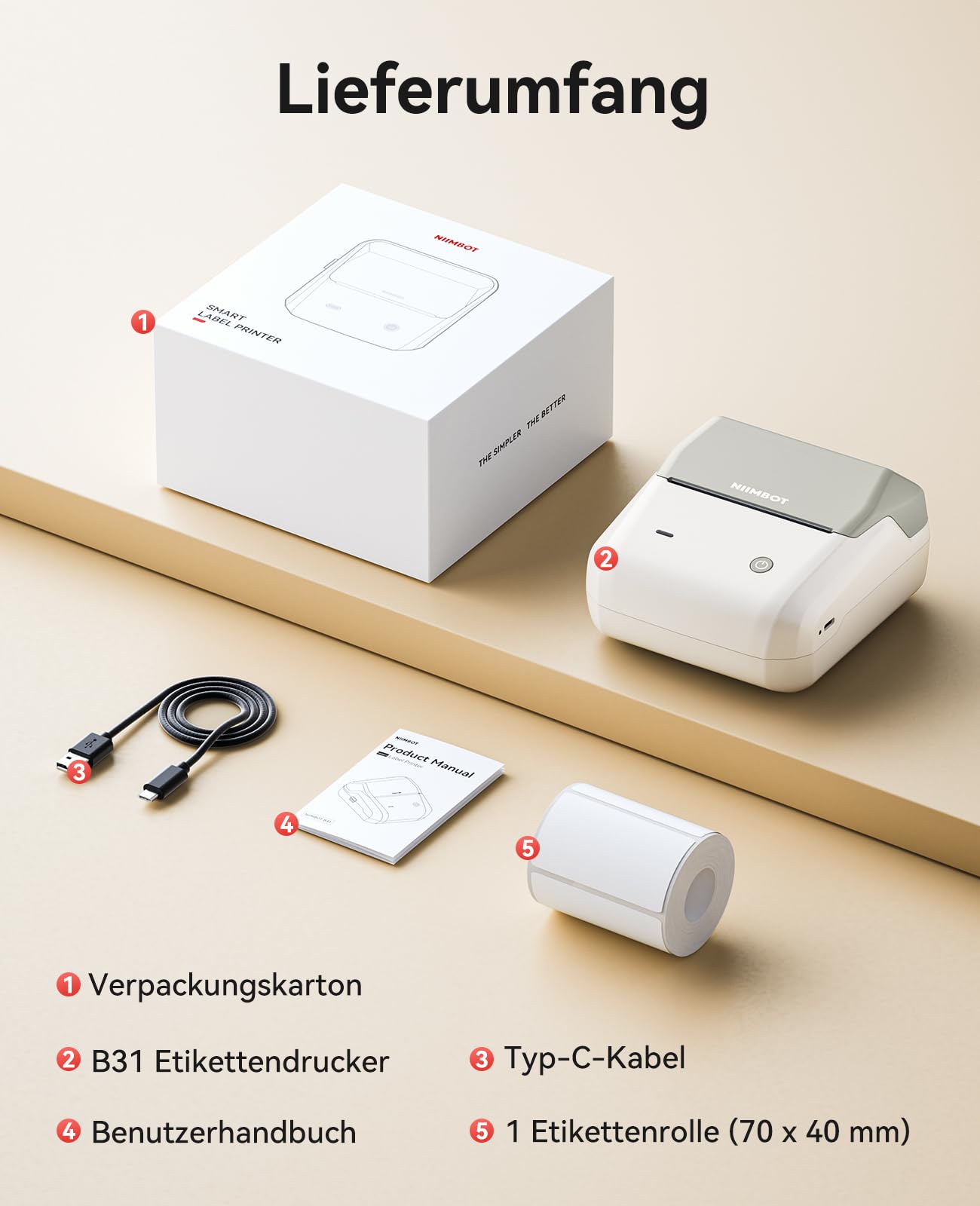 NIINBOT drukarka etykiet Bluetooth, do kodów kreskowych, biura, handlu detalicznego, małych firm, B31 przenośna drukarka etykiet z etykietami, samoprzylepna, 70 x 40 mm, ciemnoniebieska