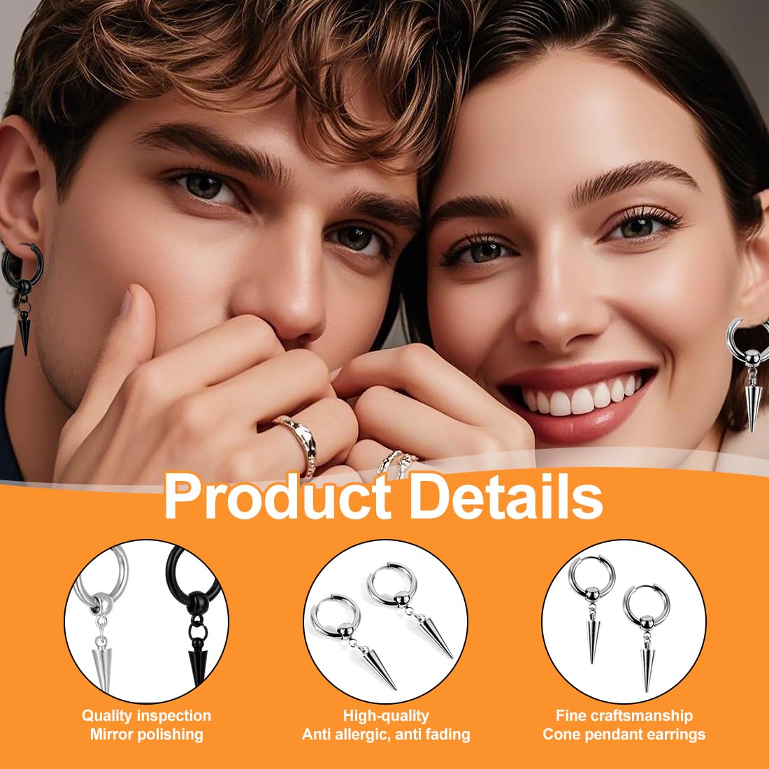 Set di 2 paia di orecchini da uomo in acciaio inox, orecchini a cerchio, piercing gotico, cartilagine, piercing per cartilagine, per uomini e donne (nero + argento)