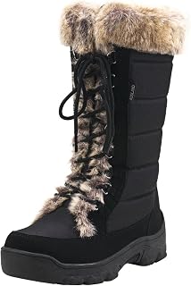 AUSLAND Women's Twin Peaks Black Snow Boots - Fur Cuff Mid-Calf Waterproof Lace-Up Winter Boots