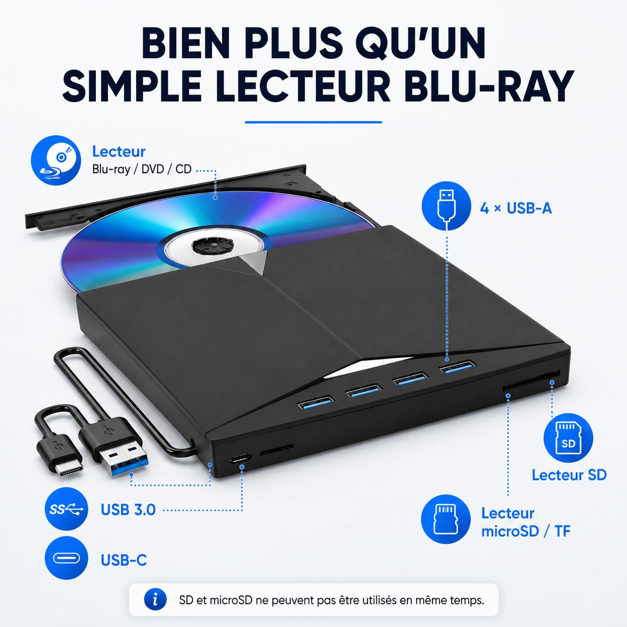 Lecteur Graveur Blu-Ray Externe 7-en-1, USB 3.0/USB-C, 4 USB, SD/TF