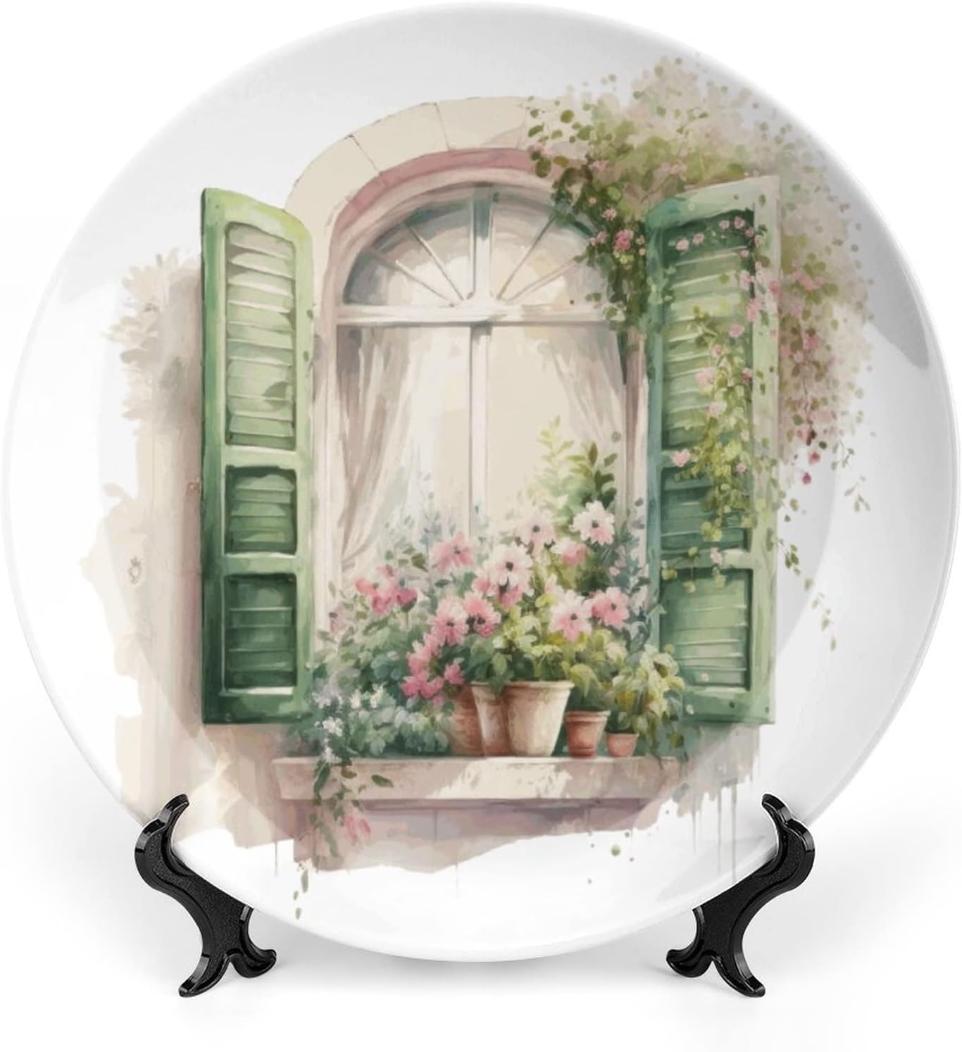 Decorative Plates for Home Decor, Romantic Window And Pink Flower Spring Painting Decor Tray for Table Display, Ceramic Dinner Plate w/ Stand, Kitchen Dining Room Decor, Housewarming Gifts, 7 Inch