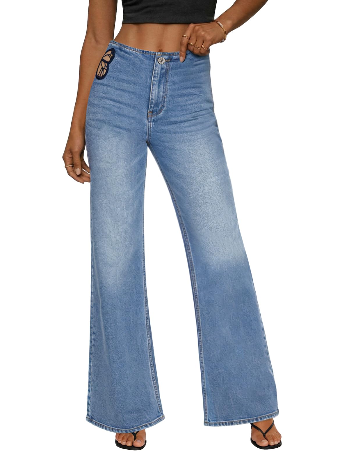 CANANA Flare Jenas for Women High Waisted Butterfly Cutout Denim Pants