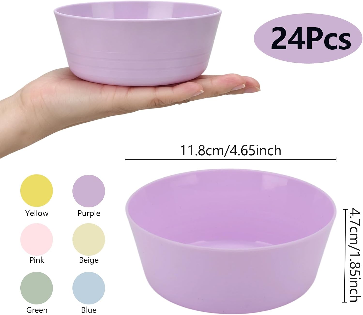 24-Pack Plastic Bowls 10 oz, Microwave & Dishwasher Safe, 6 Vibrant Colors (4 Each), Lightweight Stackable Bowls for Cereal, Salad, Soup, Snacks, Party, Camping image 2