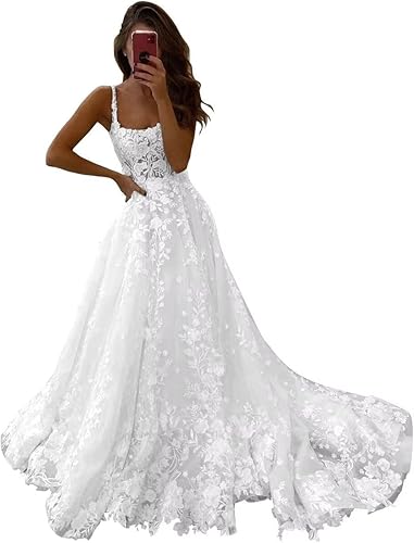 Tsbridal Vestido de novia de encaje para mujer, hombros descubiertos, tul acampanado, vestidos largos de novia para la playa