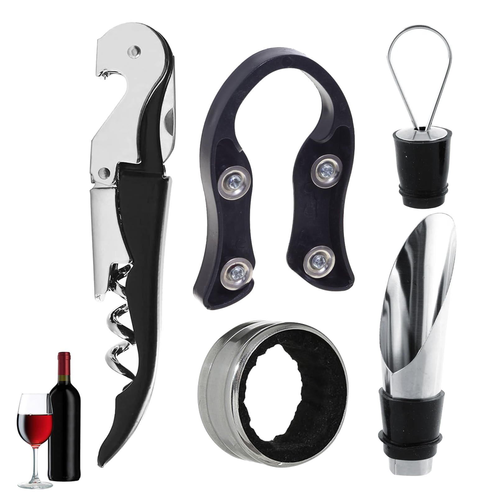 Set Accessori Vino 4 In 1 - Cavatappi, Versatore, Tappo E Collare, Acciaio Inox