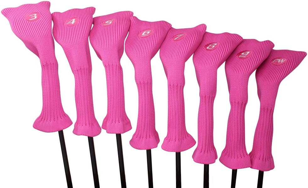 Majek All Hybrid Golf Club Pink Headcover Set 3-PW. Neoprene Acrylic Head Covers 3 4 5 6 7 8 9 PW