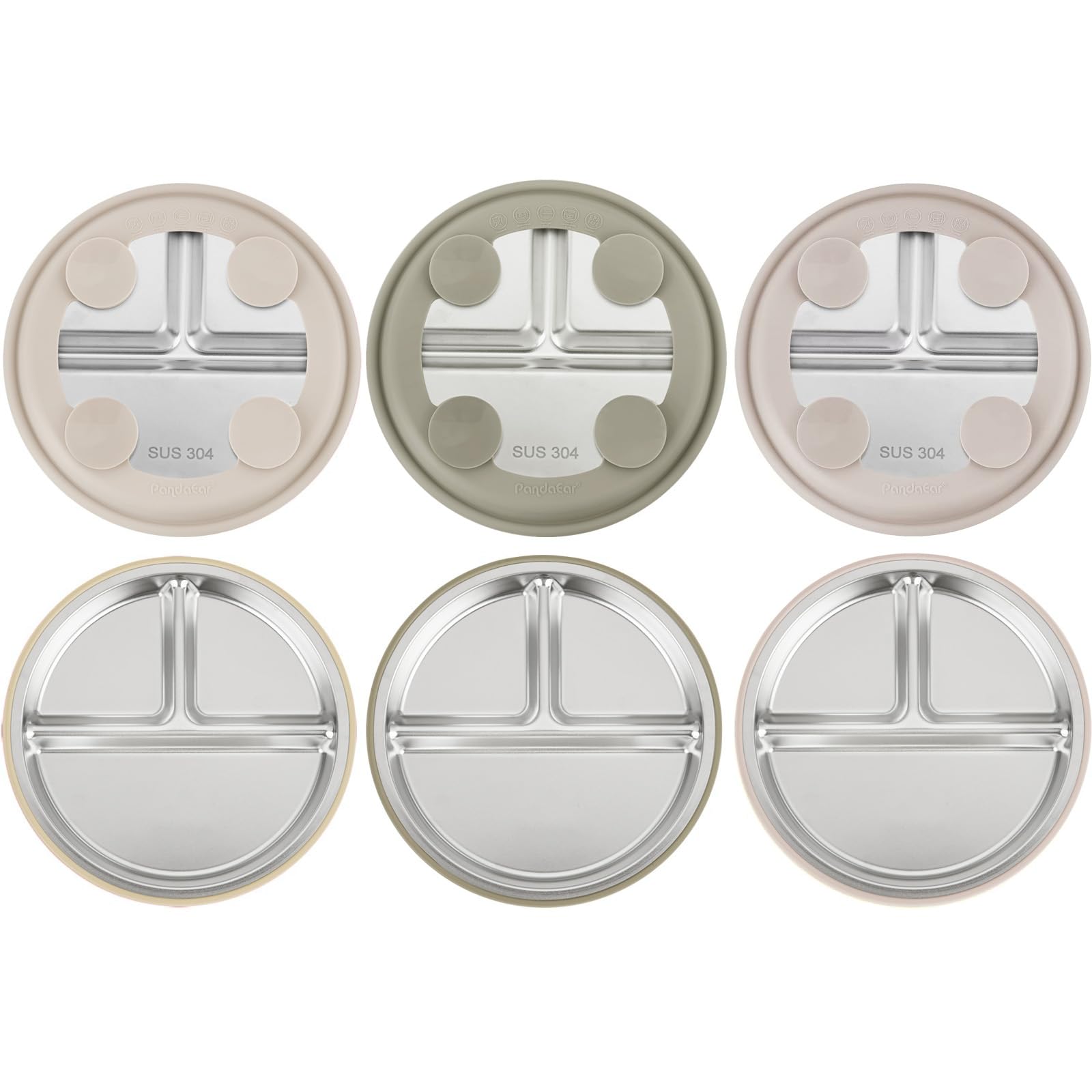 PandaEar 3er Set Edelstahl Saugteller für Kleinkinder, Geteilte Teller mit Anti-Rutsch Saugbasis, BPA-frei, Spülmaschinengeeignet (Leinen Braun Beige)