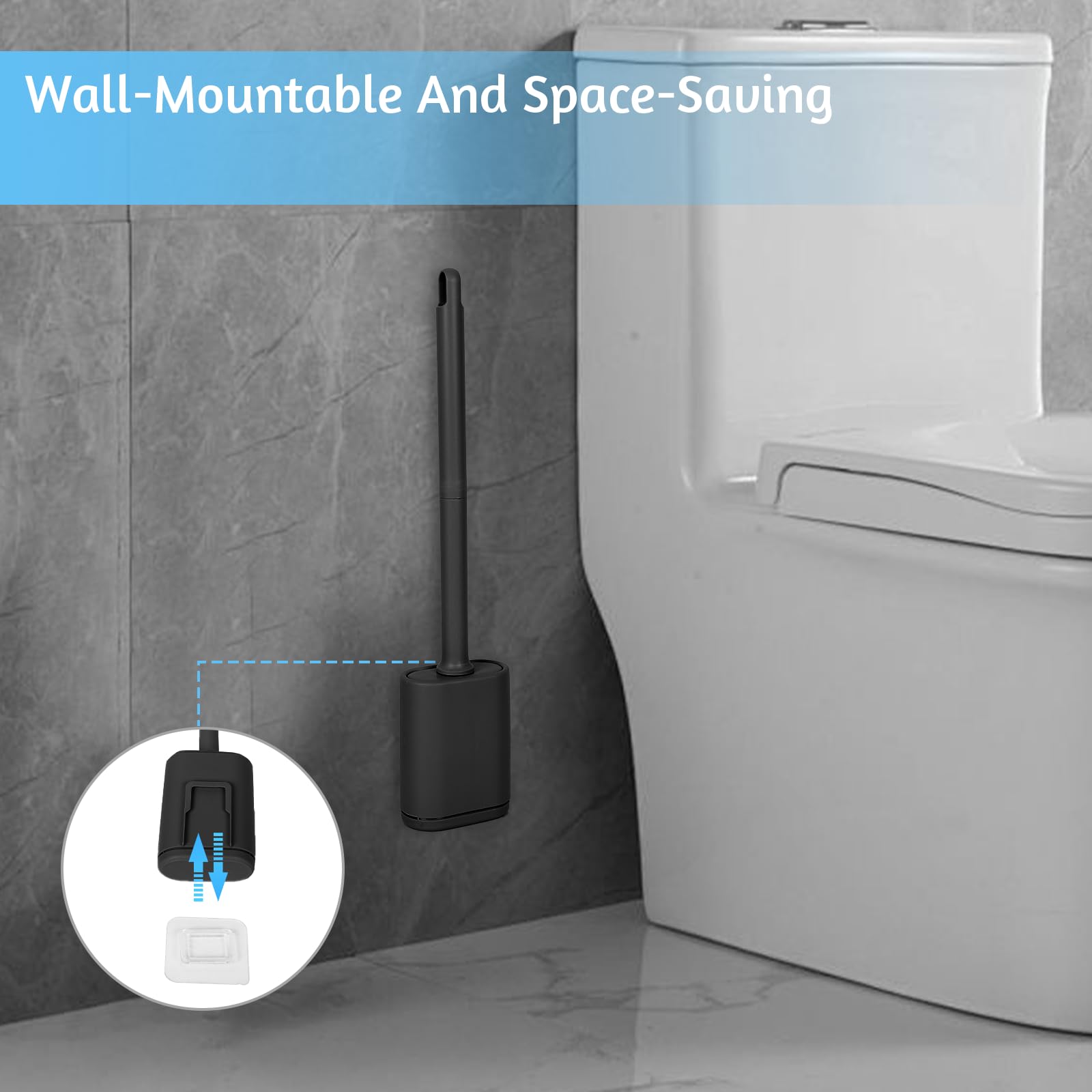 Cozary Escobillas De Baño,Escobilla Baño Silicona, Cerdas Gruesas, Material TPR, Montaje Mural O sobre El Piso, Instalación Sin Orificios para Facilitar La Limpieza (Negro, 1 Pieza)