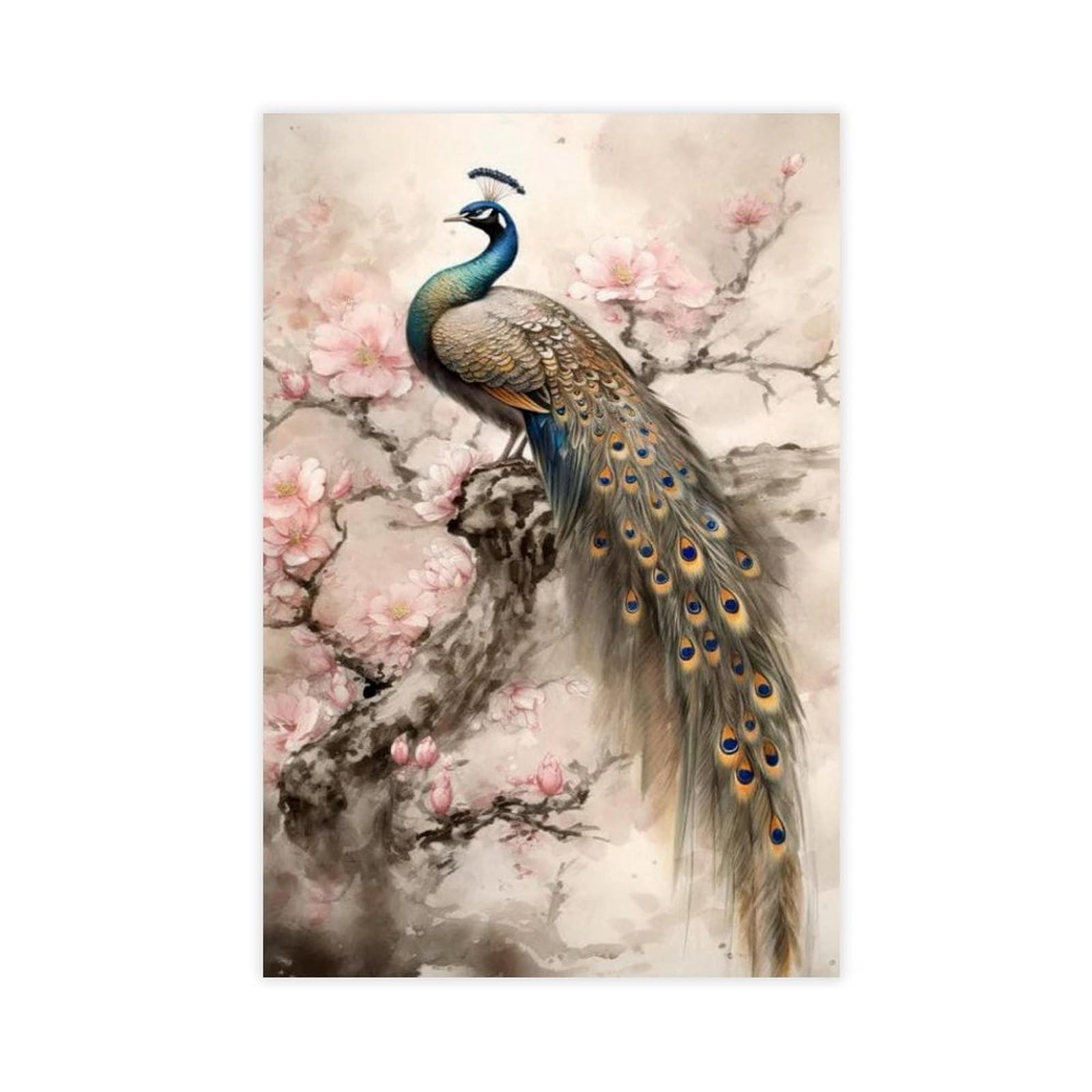 Qnvjqkdsi Unframe Elegant Peacock On Cherry Blossom Branch, Floral Nature Art Canvas Poster Bedroom Decor Landscape Office Room Decor Gift 24" L X 36" W