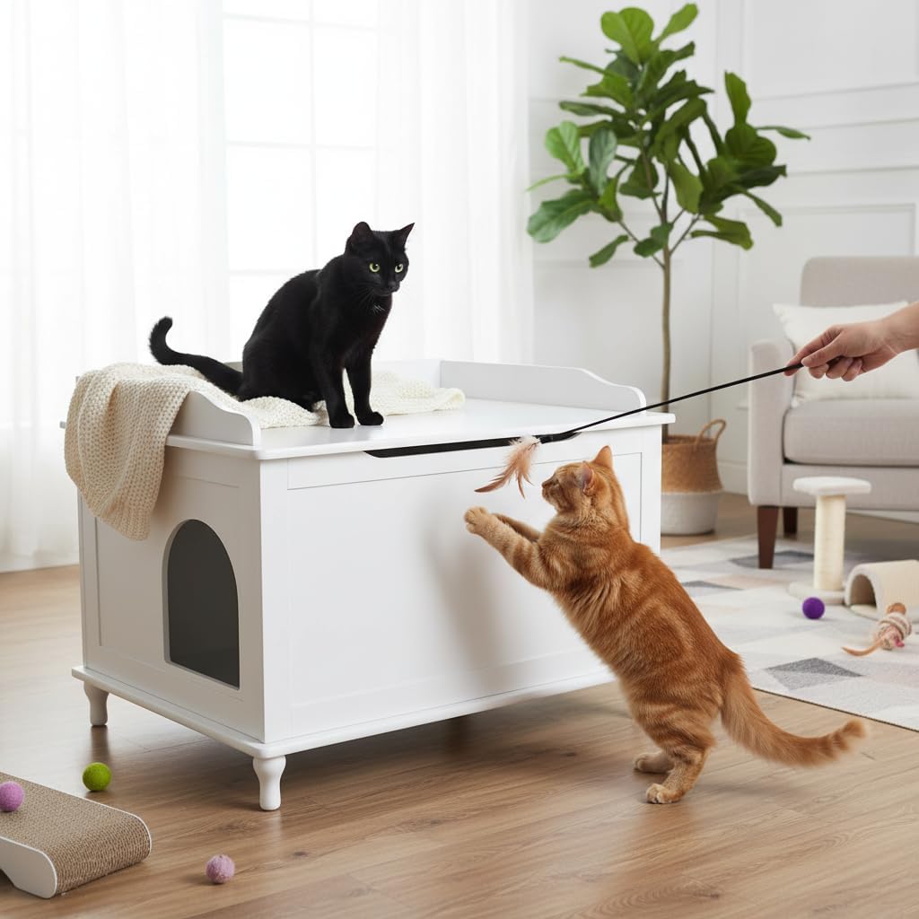Designer Catbox Cat Litter Box Enclosure, Hidden, Dog-Proof Pet Furniture with Cover, Elegant, Covered, Odor Contained for Large Cats,Furniture with Lid, Cat Litter Boxes, White